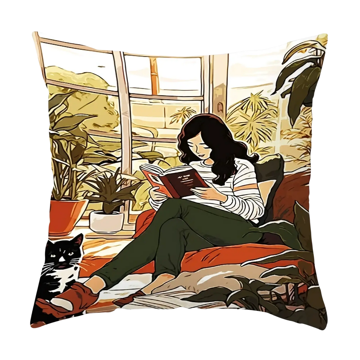 Decorative throw pillow cover with warm-toned abstract illustration of woman reading with cat and potted plants by window