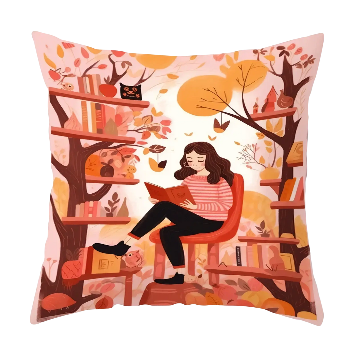 Decorative throw pillow cover with a whimsical illustration of a woman reading under autumn trees in warm tones