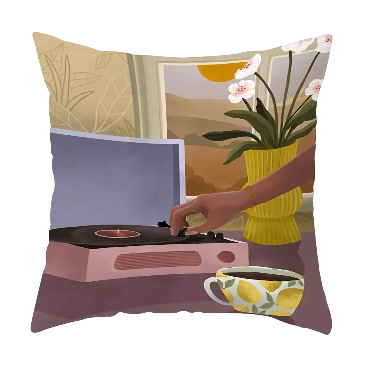 Decorative throw pillow cover featuring a pastel pink vintage style record player with black platter and tonearm design