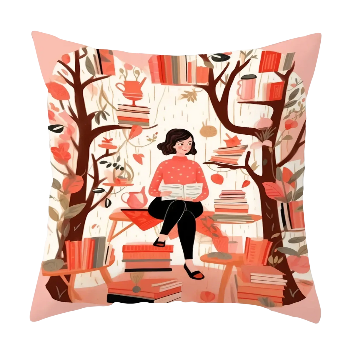 A soft pink decorative throw pillow cover featuring an abstract print of a woman reading among autumnal trees