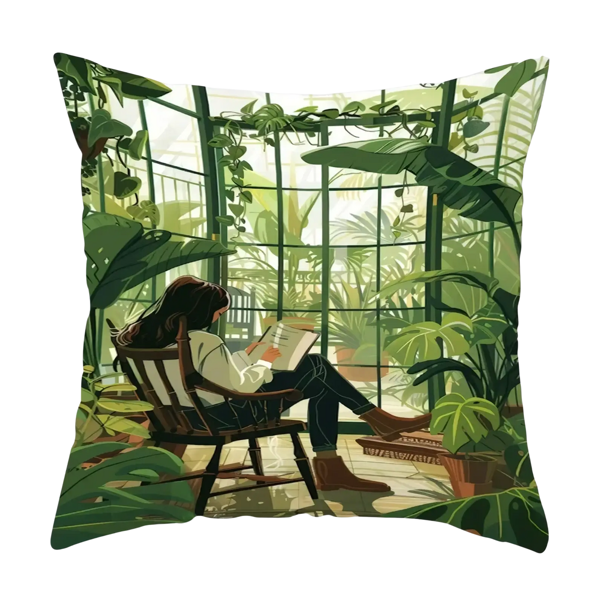 A square decorative throw pillow cover featuring a vibrant abstract print of a person reading in a green greenhouse