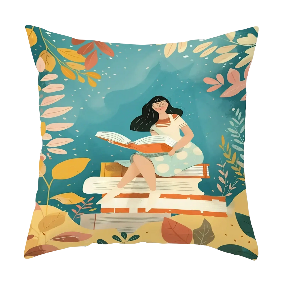 Decorative throw pillow cover featuring a colorful woman reading book with autumn leaves and pastel botanical patterns