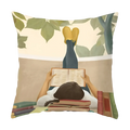 Decorative throw pillow cover with a soft watercolor print of reading under leafy branches in yellow boots