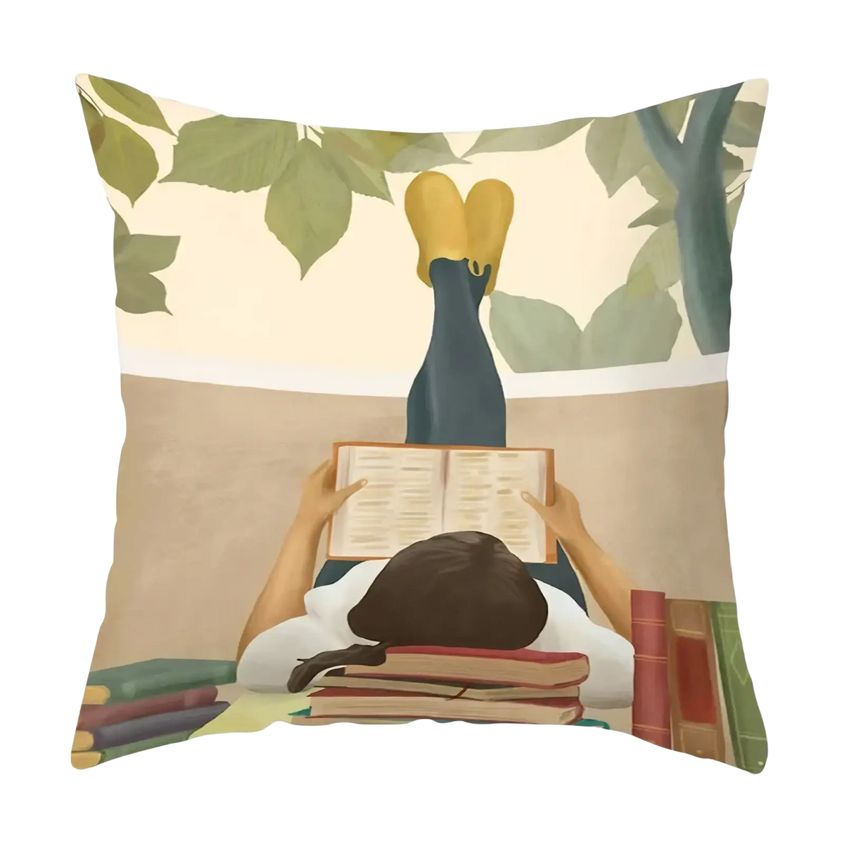 Decorative throw pillow cover with a soft watercolor print of reading under leafy branches in yellow boots