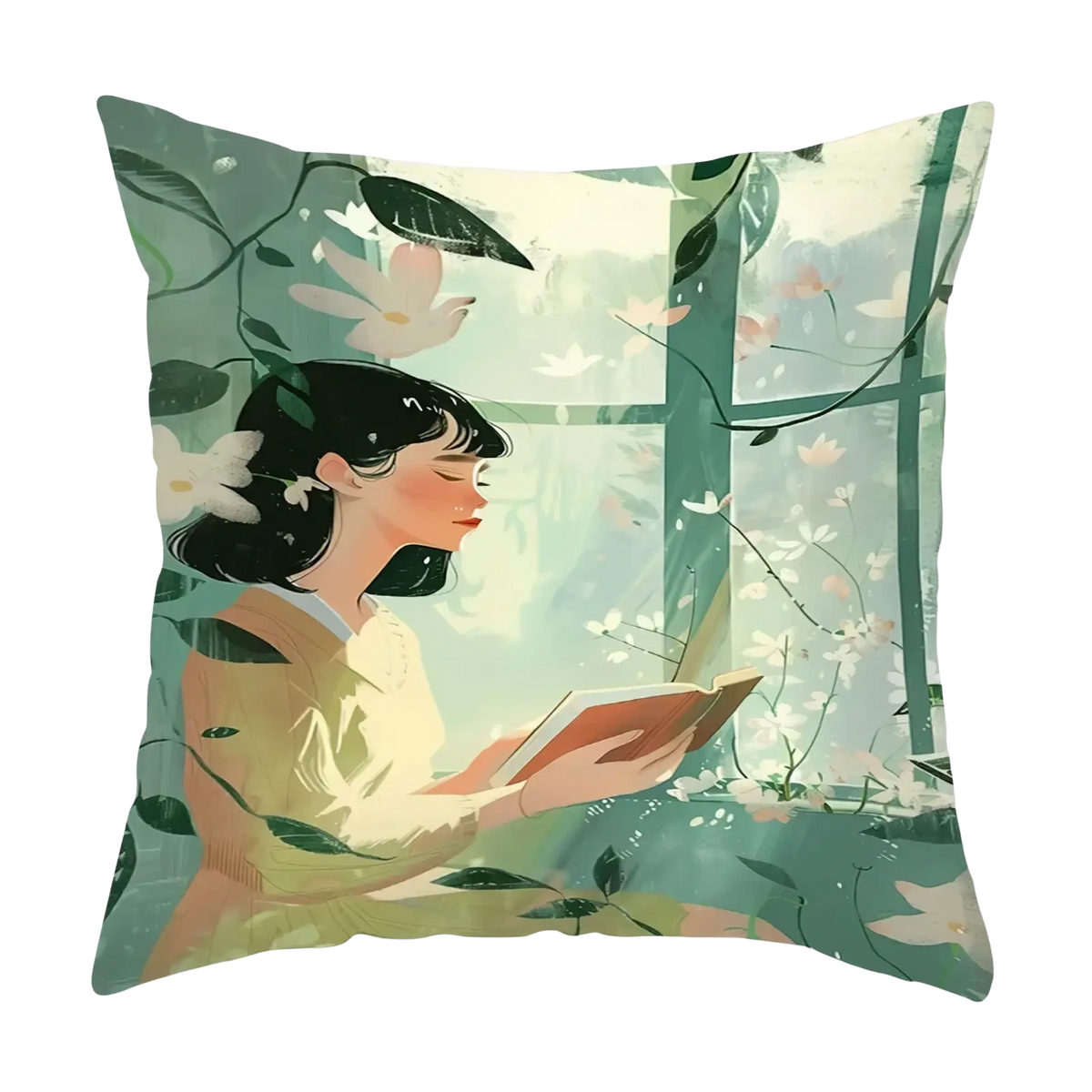 Decorative throw pillow cover featuring a soft illustrated design of a woman reading by a window with floral vines in muted tones