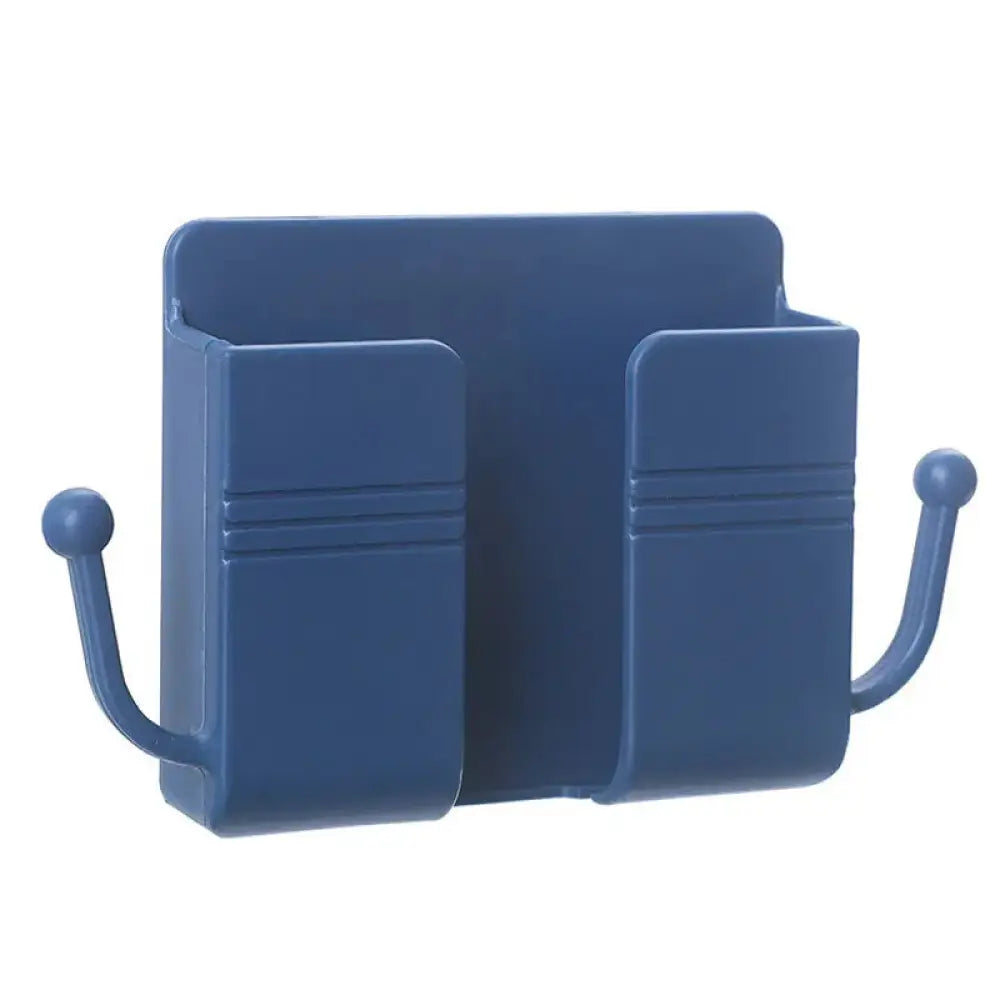Blue plastic pastel wall mounted vanity organizer with two compartments and curved hooks for makeup storage