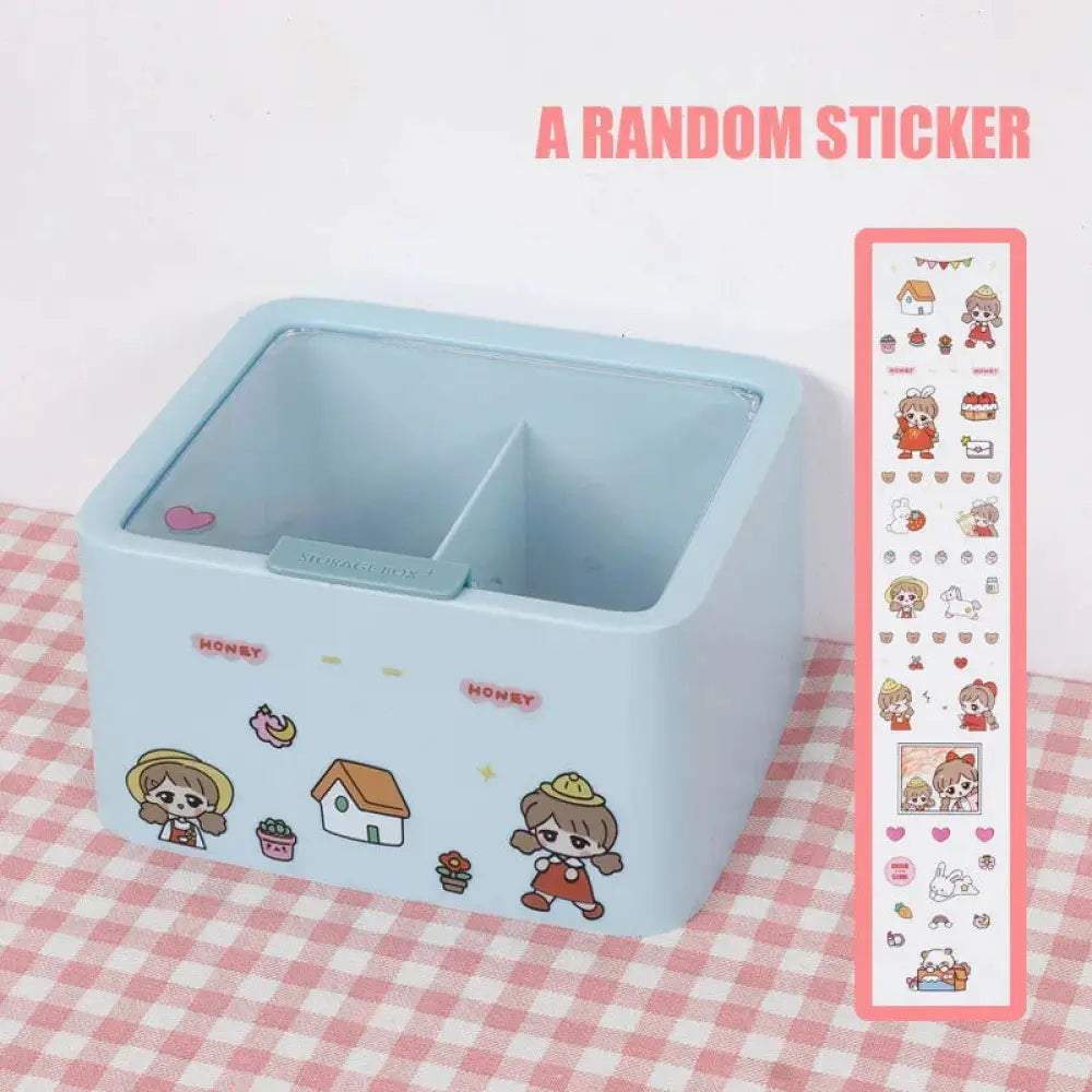 Pastel wall mounted vanity organizer in light blue plastic with cute cartoon stickers and honey text for makeup storage