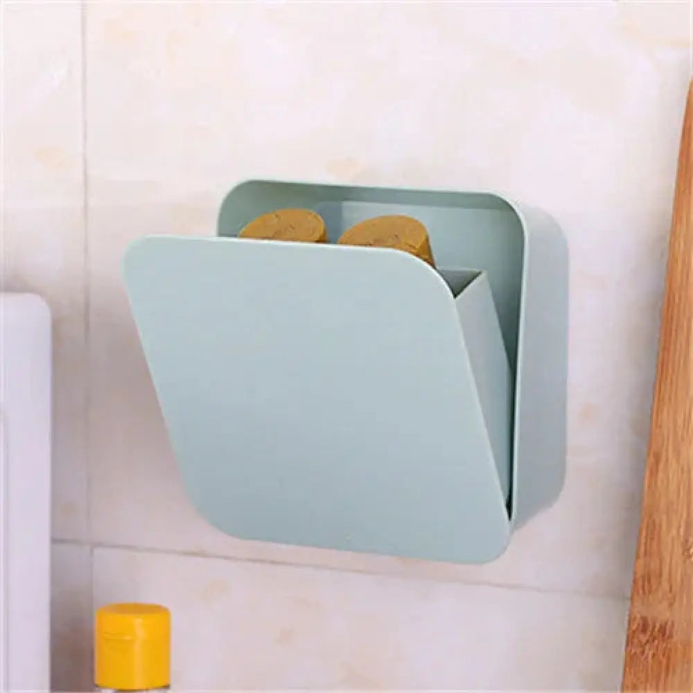 Light blue wall-mounted toothbrush holder with sleek minimalist design in pastel wall mounted vanity organizer and makeup shelf