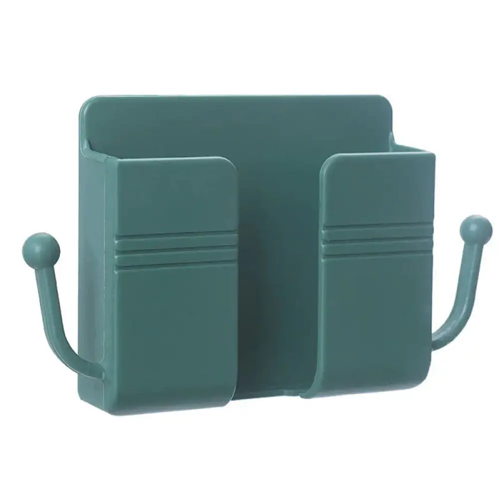 Teal plastic wall-mounted vanity organizer with two compartments and curved hooks for makeup storage