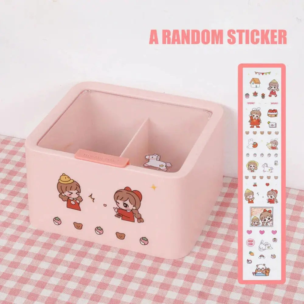 Pink plastic pastel wall mounted vanity organizer with clear lid and cute cartoon girl decals for makeup storage