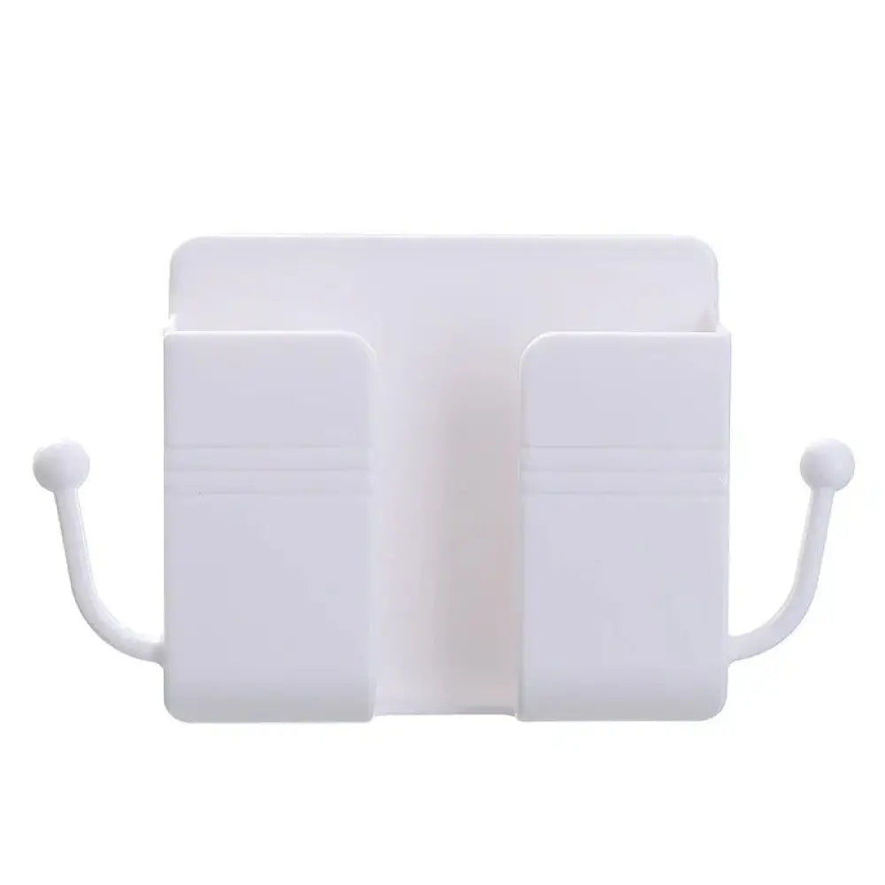 White plastic pastel wall mounted vanity organizer with two compartments and curved hooks for makeup storage