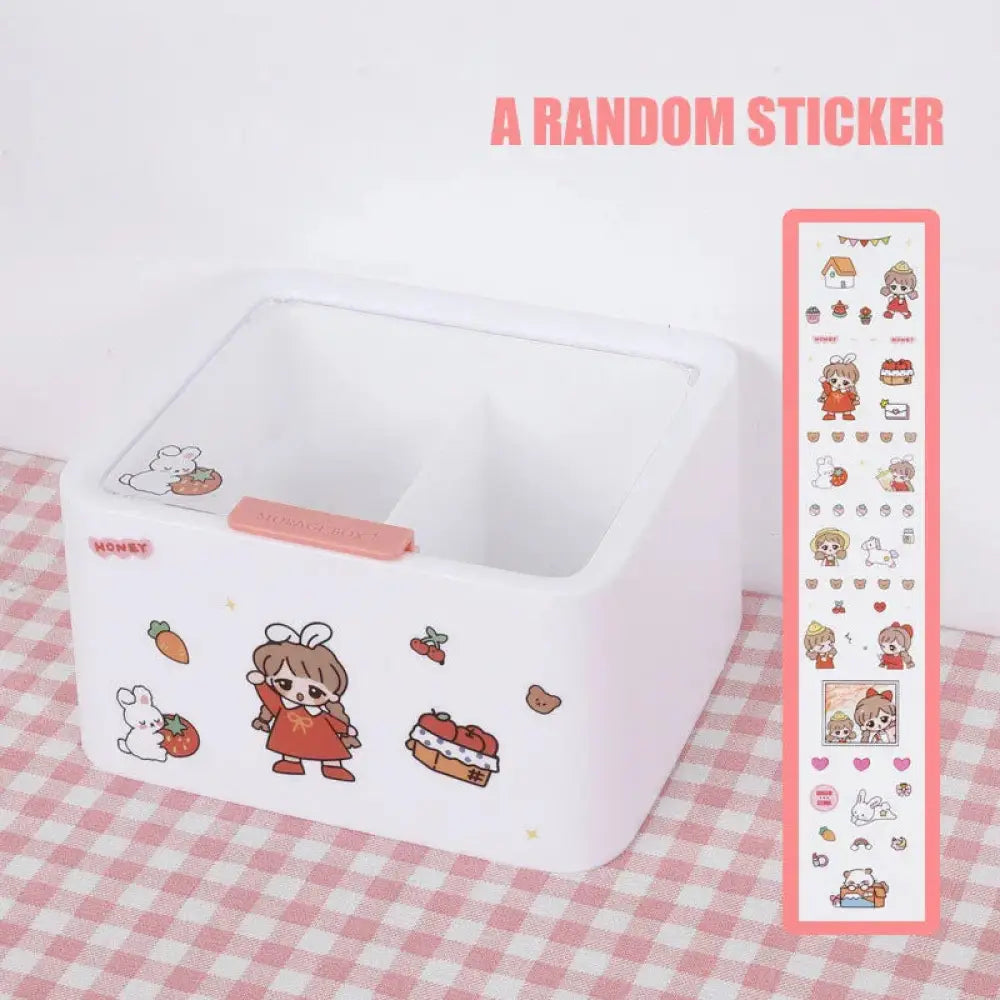 White plastic tissue box with pink lid and cartoon stickers on pastel wall mounted vanity organizer shelf