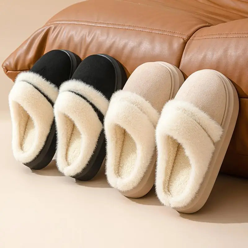 cream-colored and black plush suede women’s slip-on slippers with thick fluffy lining and thick sole designed for winter house use