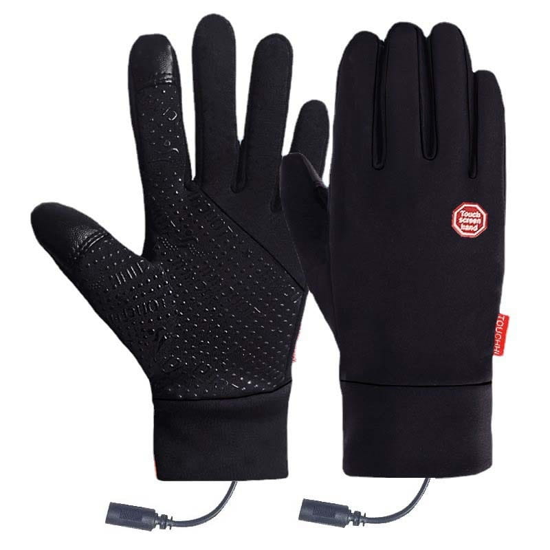 Black usb heated cycling gloves with touchscreen capability, textured palm, wrist cuffs, and red branding on the back side, designed to be windproof and warm.