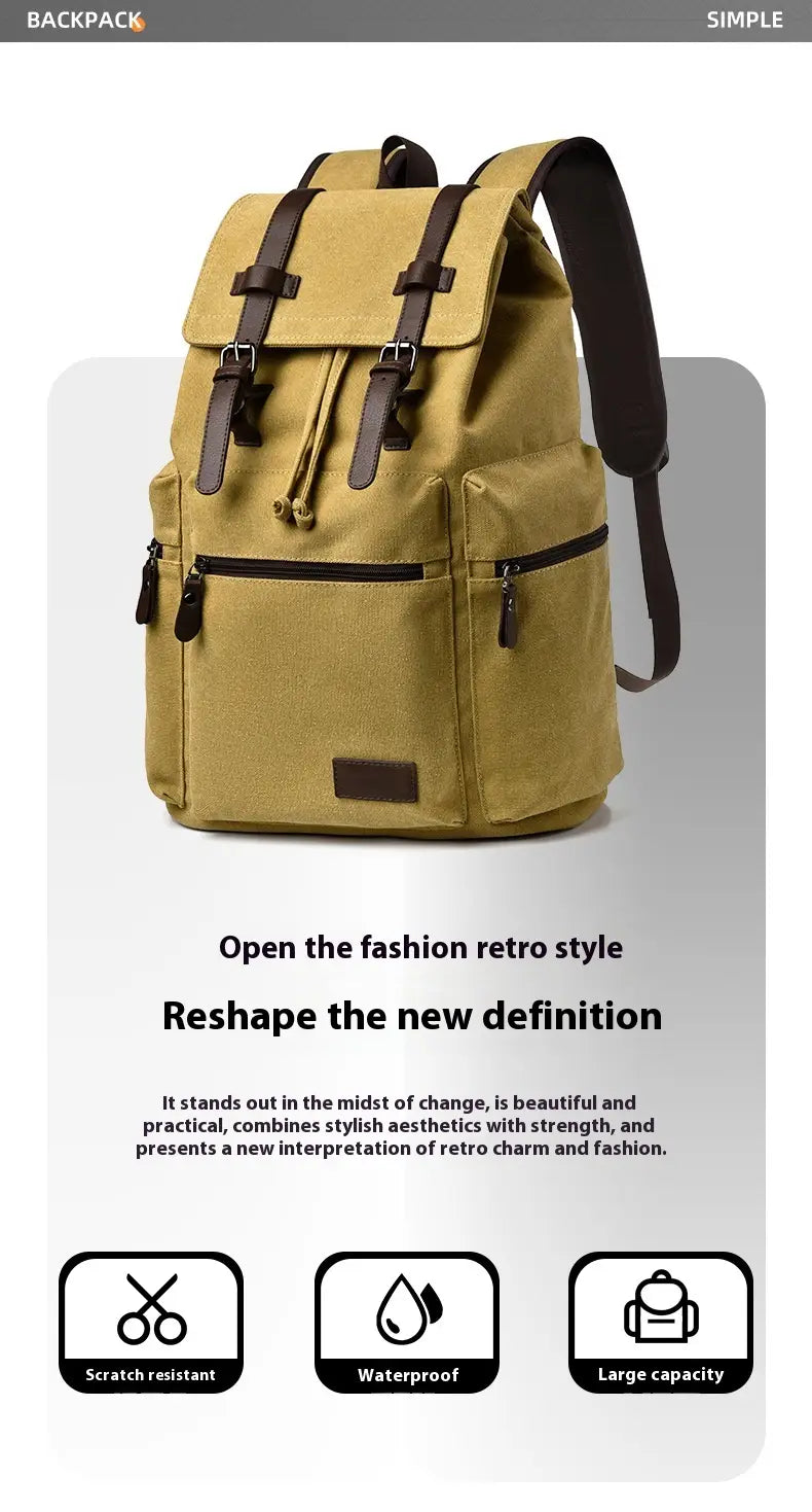 Men’s olive green canvas travel backpack with large 20 to 35 liter capacity and dark brown leather straps and accents.