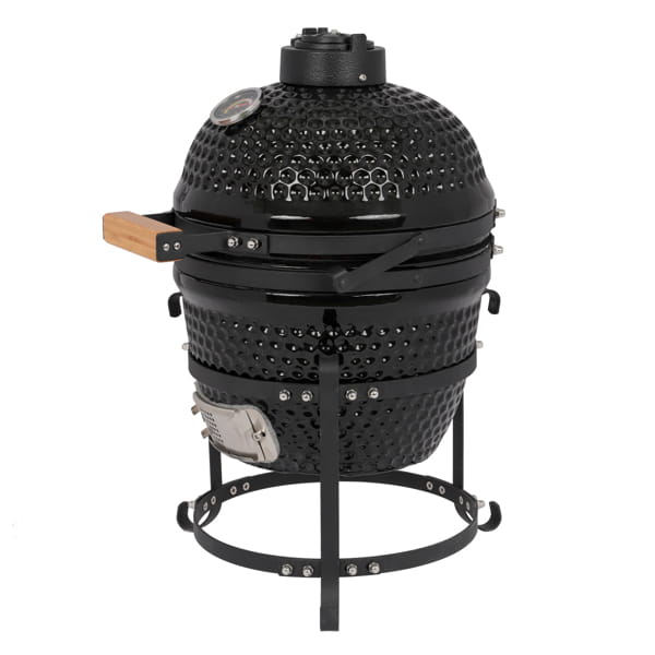 Black ceramic 13 inch kamado charcoal grill with wooden handle and metal stand