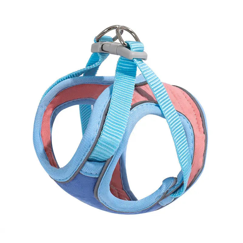 a reflective cat harness and leash set escape proof in light blue and pink with a gray plastic buckle and metal d-ring