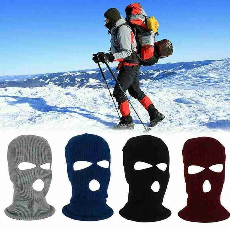 Bonnet cagoule tricoté chaud pour le cyclisme, en gris, bleu marine, noir et bordeaux, avec des ouvertures pour les yeux et la bouche, réalisé en tissu tricoté pour la protection contre le froid.