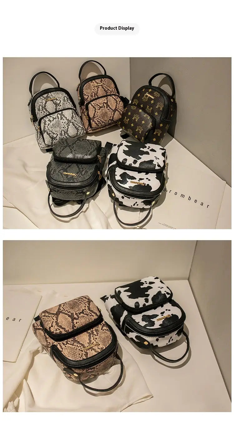 mini backpack cow and snake print korean style featuring snake print mini backpacks with black handles and zippers.