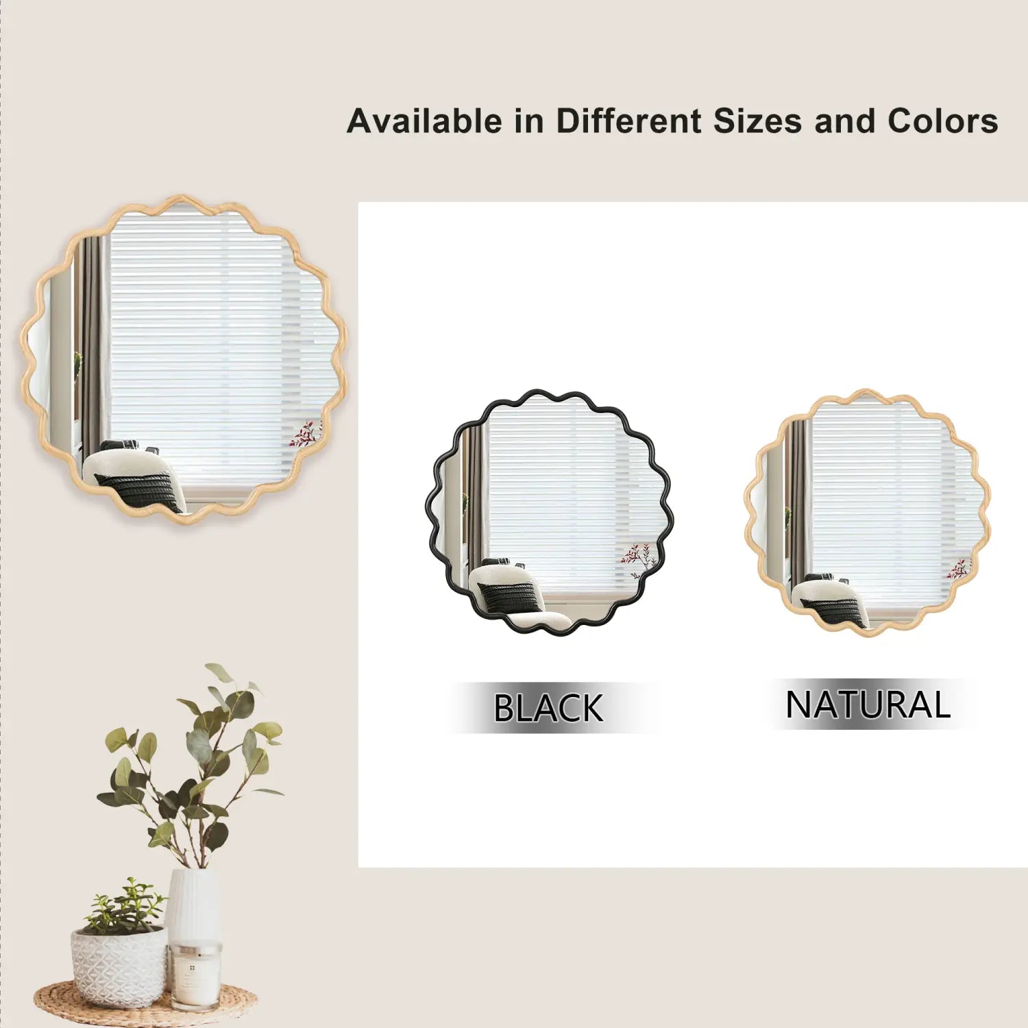 solid wood wavy mirror 31 inch scalloped round wall mirror available in black or natural wood finish for home decor