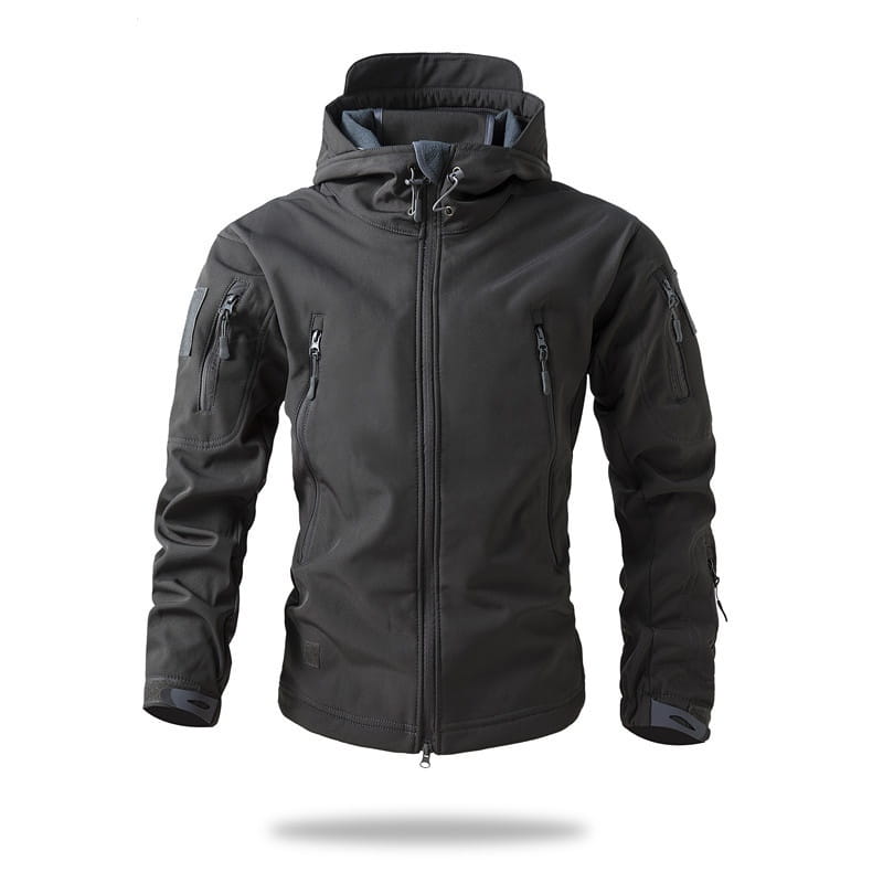 Men’s waterproof tactical fleece soft shell jacket in black with a hood, multiple zippered pockets, and a matte finish.