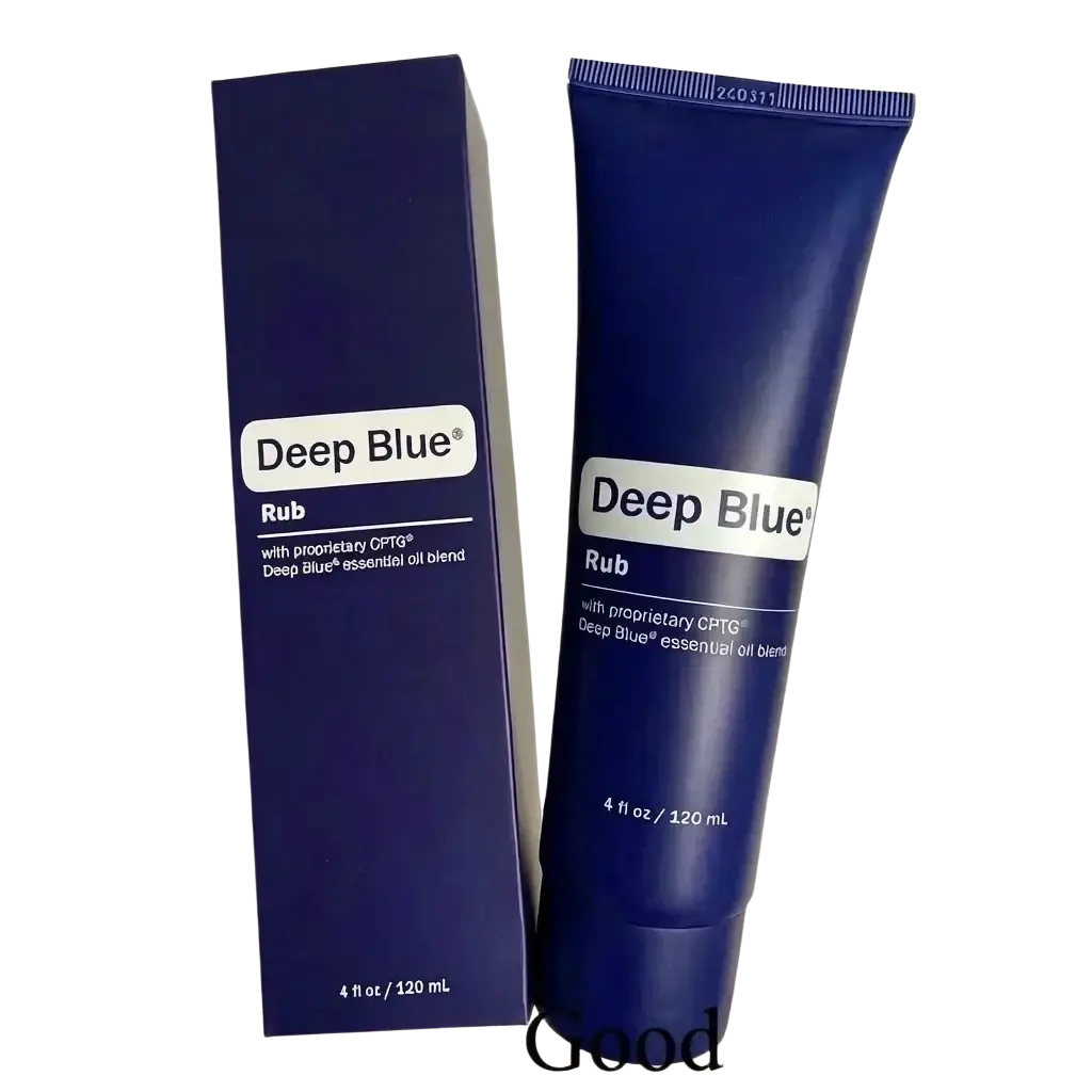 Deep blue essential oil blend 120 ml tube in navy blue with matching box featuring proprietary Cptg essential oil blend