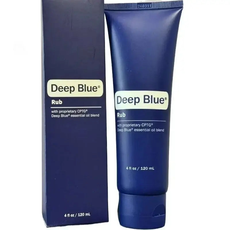 Deep blue essential oil blend 120 ml in a sleek dark blue tube with matching box for soothing muscle relief