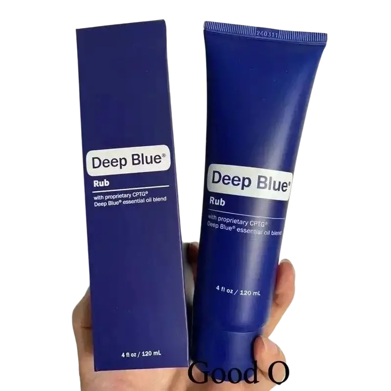 Deep Blue essential oil blend 120 ml in a sleek deep blue tube with matching box for soothing rub application