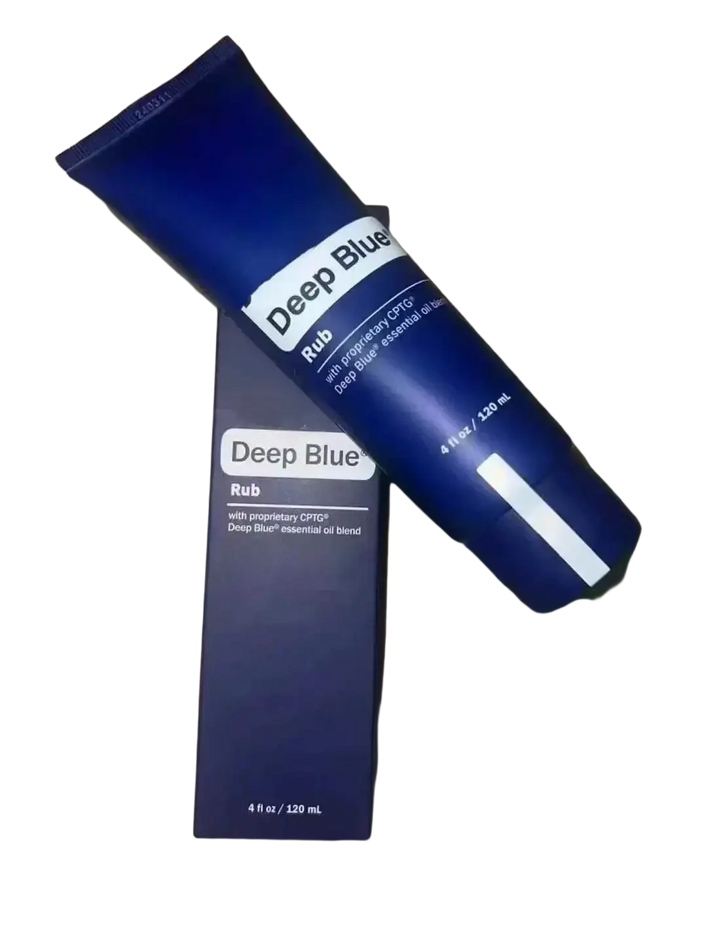 Deep blue essential oil blend 120 ml tube and matching box in sleek navy blue with white labeling containing essential oils