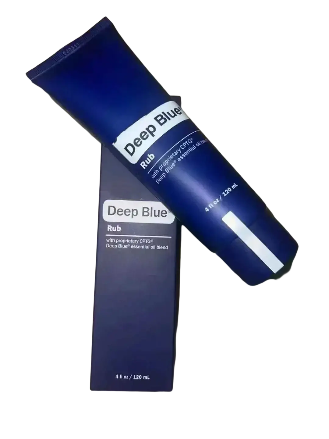Deep blue essential oil blend 120 ml tube and matching box in sleek navy blue with white labeling containing essential oils