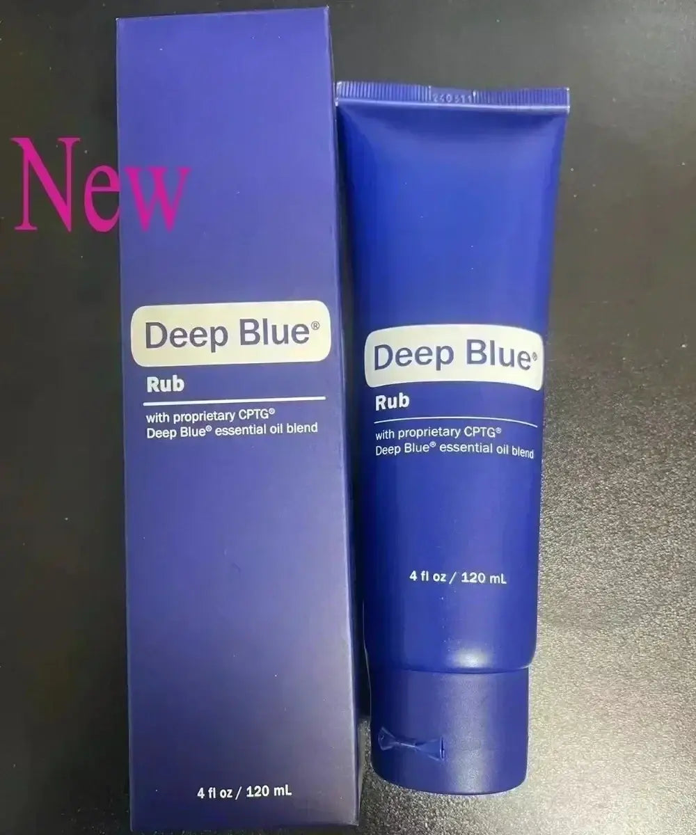 Deep blue essential oil blend in a sleek royal blue 120 ml tube with matching box for soothing relief