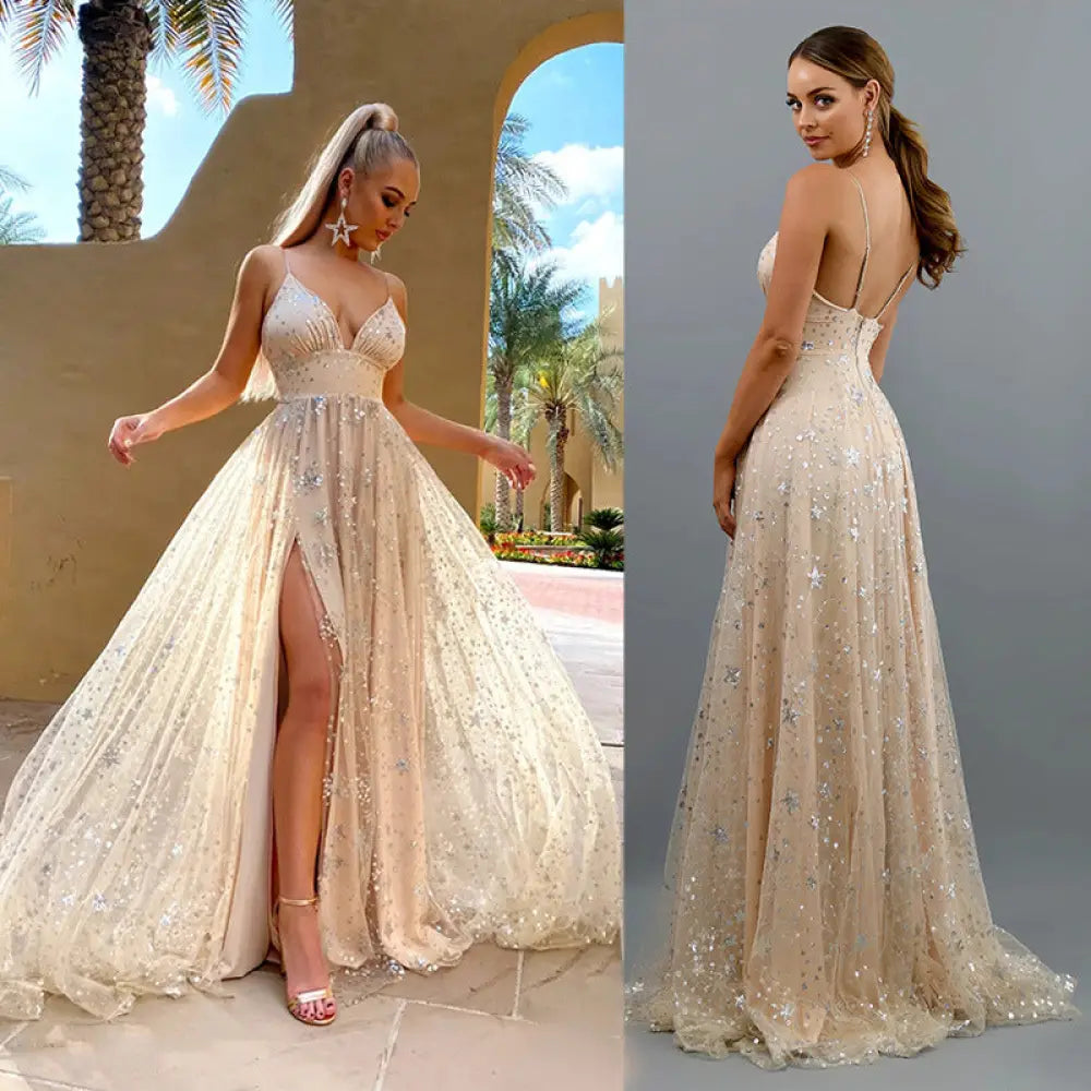 Beige star embellished tulle evening gown with deep v neckline and high slit for formal occasions