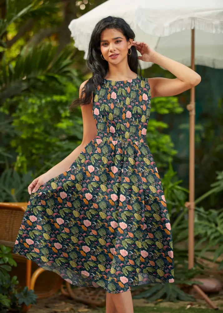 A sleeveless dark green cotton midi dress with vibrant pink floral and multicolored leaf pattern and pockets