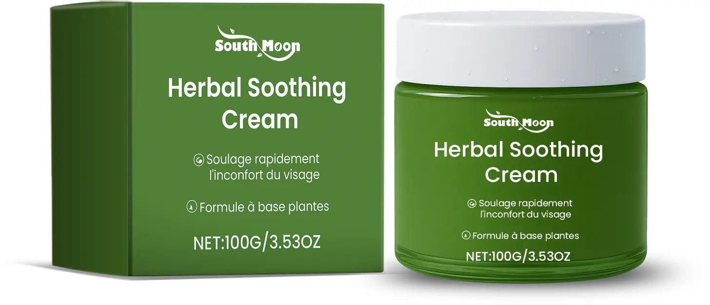 Pot en verre vert avec couvercle blanc et boîte verte assortie, portant l’étiquette « South Moon Herbal Soothing Cream », contenant de la menthe et de l’aloé vera, 50 g.