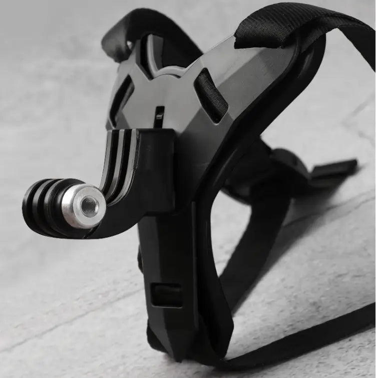 Black and silver GoPro helmet chin mount with adjustable straps for secure camera attachment compatible with DJI Hero 7 6 5.