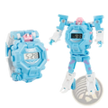 Light blue and white deformation robot watch with pink accents that transforms into a matching toy figure for kids