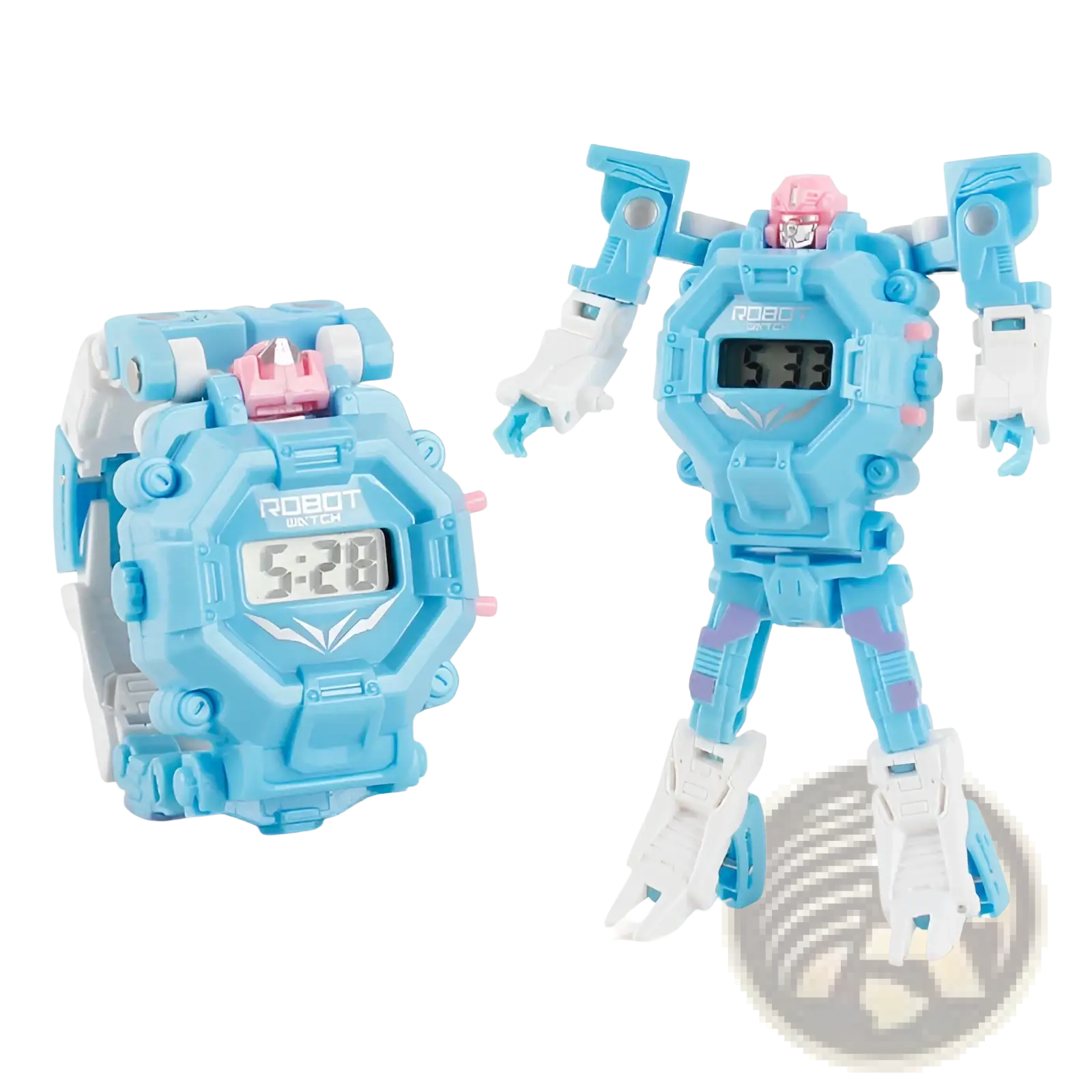 Light blue and white deformation robot watch with pink accents that transforms into a matching toy figure for kids