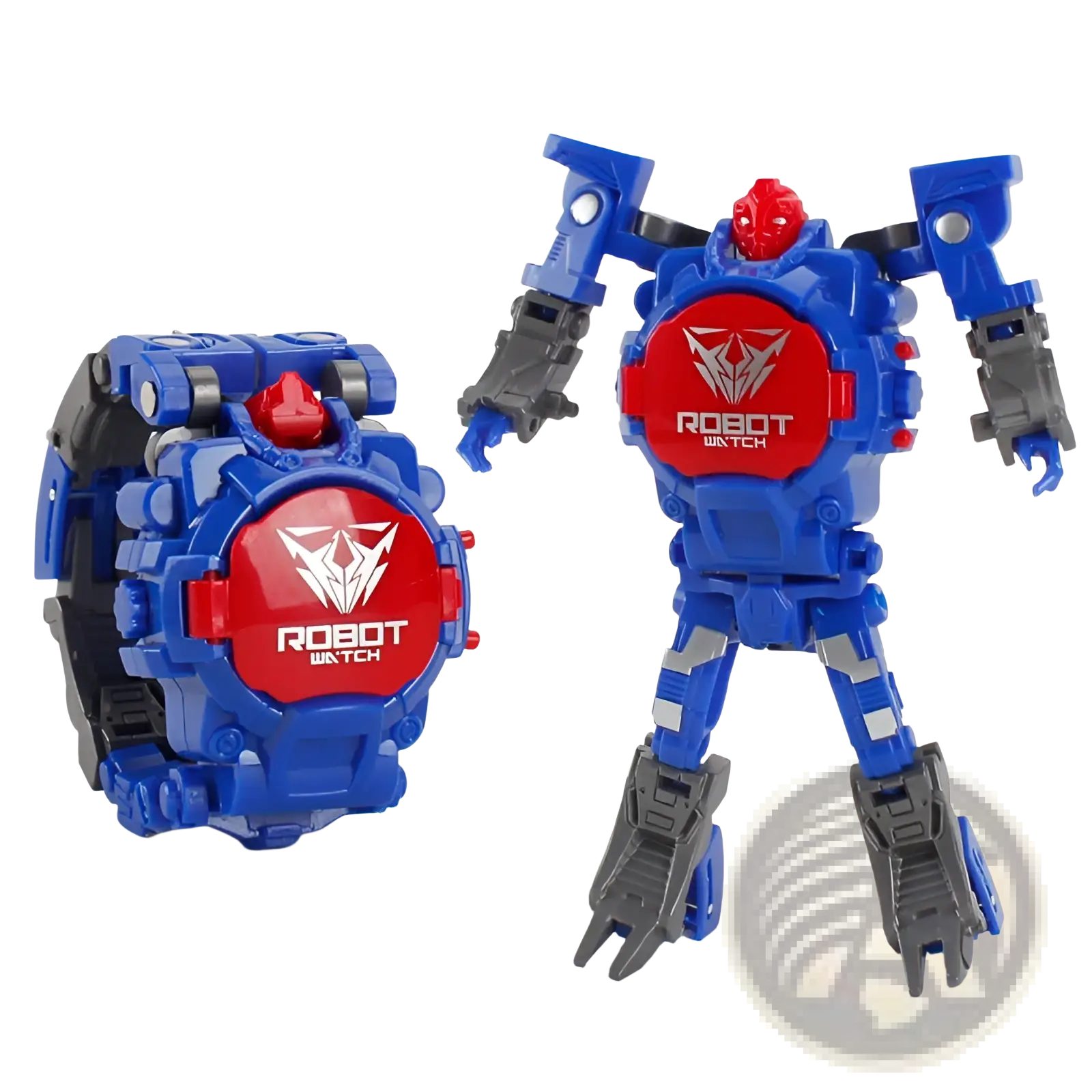Blue and red deformation robot watch kids transforming toy 2 in 1 with gray accents circular face and articulated limbs
