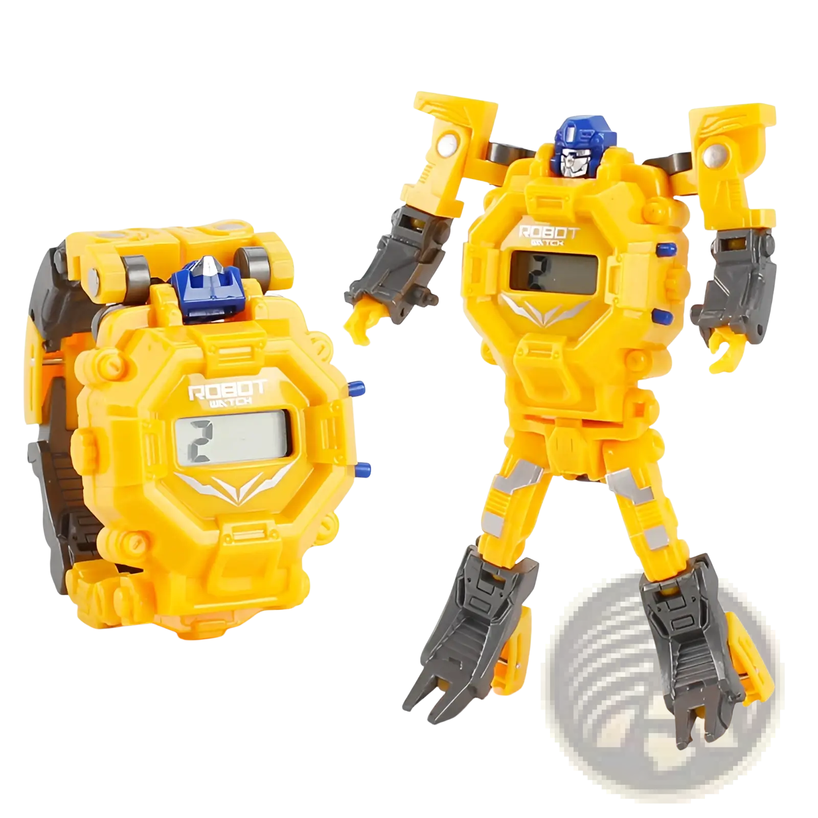 Yellow and black robot-transforming digital watch with blue accents displaying 2 in wristwatch form for kids