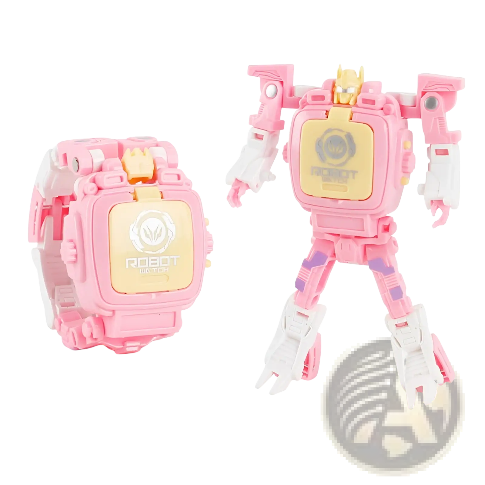 Pink and white robot-transforming smartwatch with yellow faceplate featuring robot warriors logo for kids 2 in 1 toy