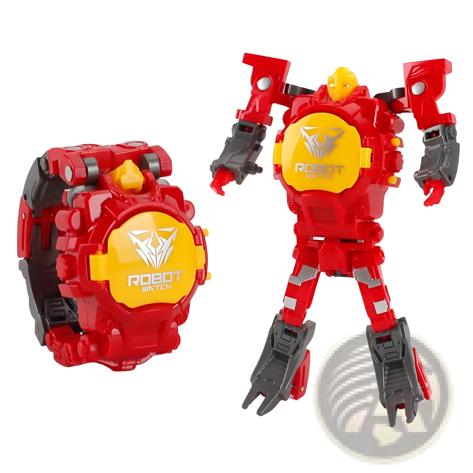 Red and yellow robot-transforming watch with black accents featuring a robot watch logo for kids 2 in 1 toy
