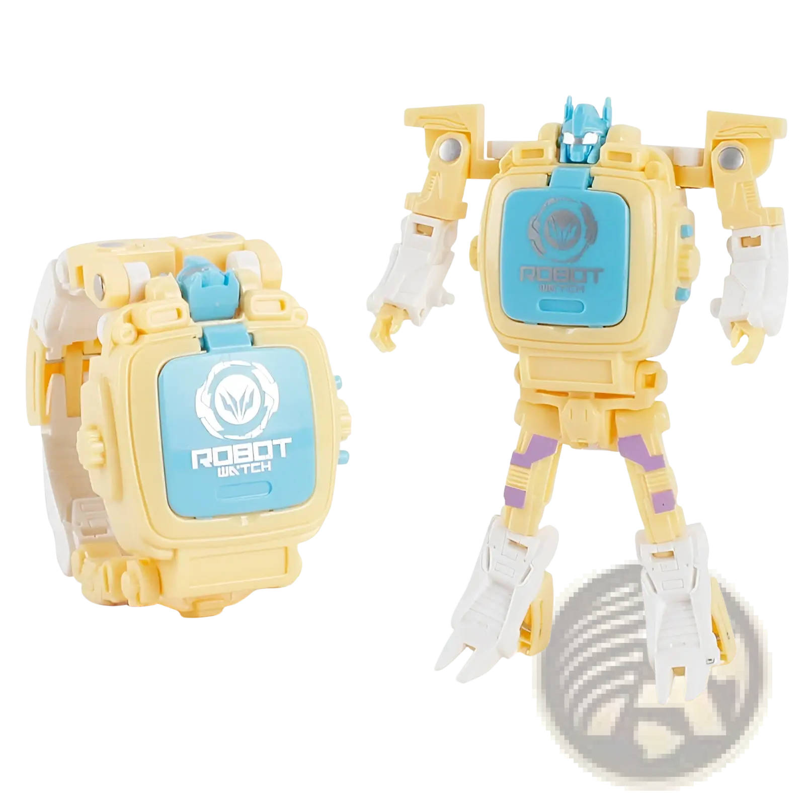 Yellow and blue robot-transforming smartwatch with white accents for kids deformation robot watch toy 2 in 1