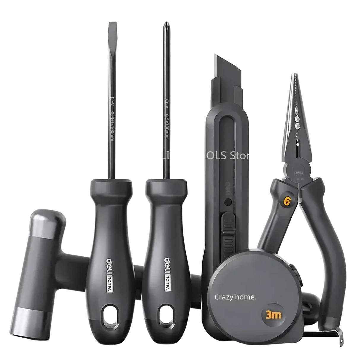 Black and silver deli multitool hand repair tool kit with screwdrivers pliers utility knife hammer and tape measure