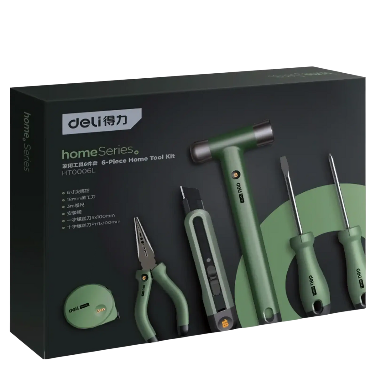 Deli multitool hand repair tool kit green and black 6-piece set with hammer screwdrivers pliers and wrench