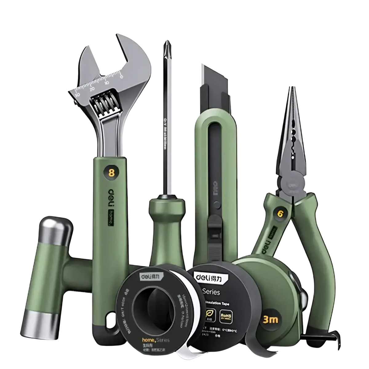 Deli multitool hand repair tool kit with green handles and metallic accents includes wrench screwdriver pliers hammer and tape measures