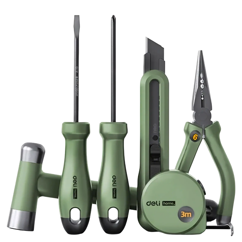 Deli multitool hand repair tool kit with green handles featuring screwdrivers pliers utility knife and measuring tape