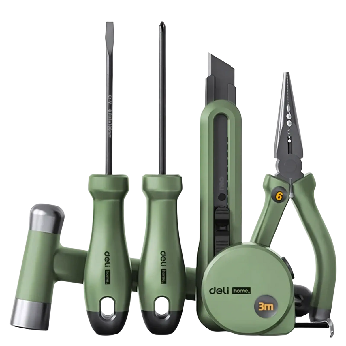 Deli multitool hand repair tool kit with green handles featuring screwdrivers pliers utility knife and measuring tape