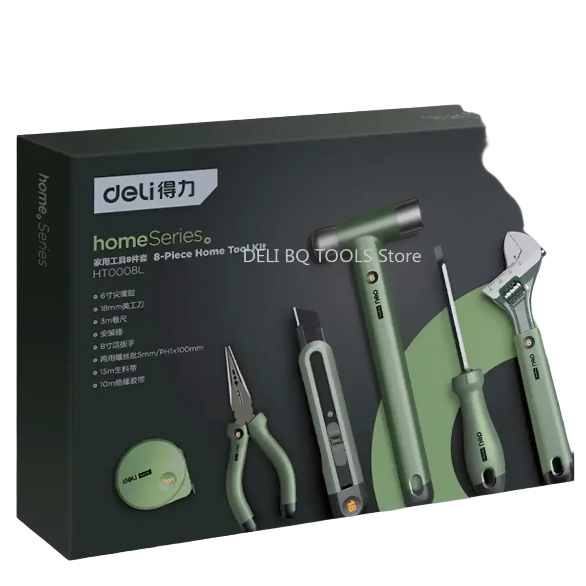Deli multitool hand repair tool kit 8-piece home tool kit in sage green with black accents includes hammer wrench and more
