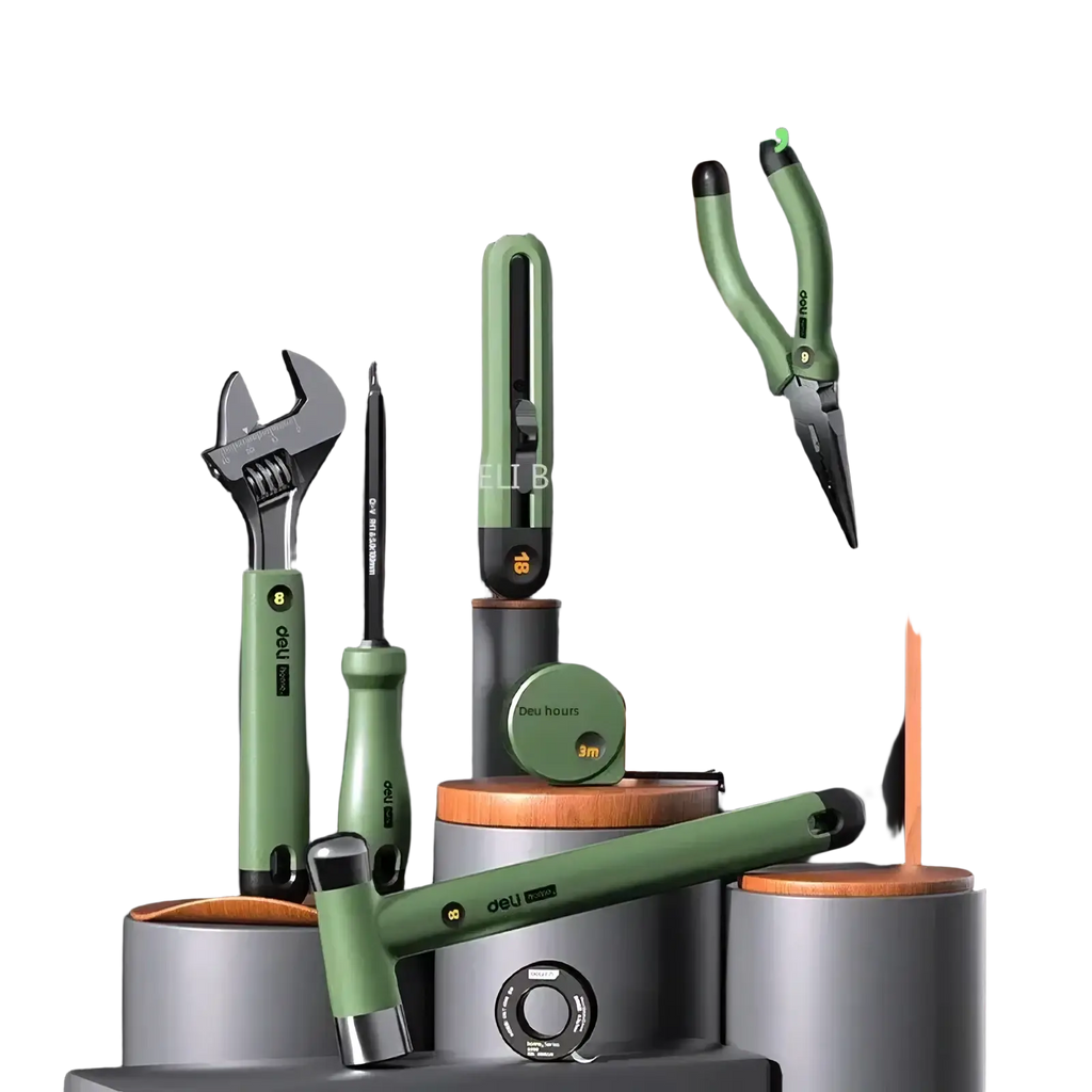 Deli multitool hand repair tool kit with green handles eight-piece metallic manual tool set for versatile use