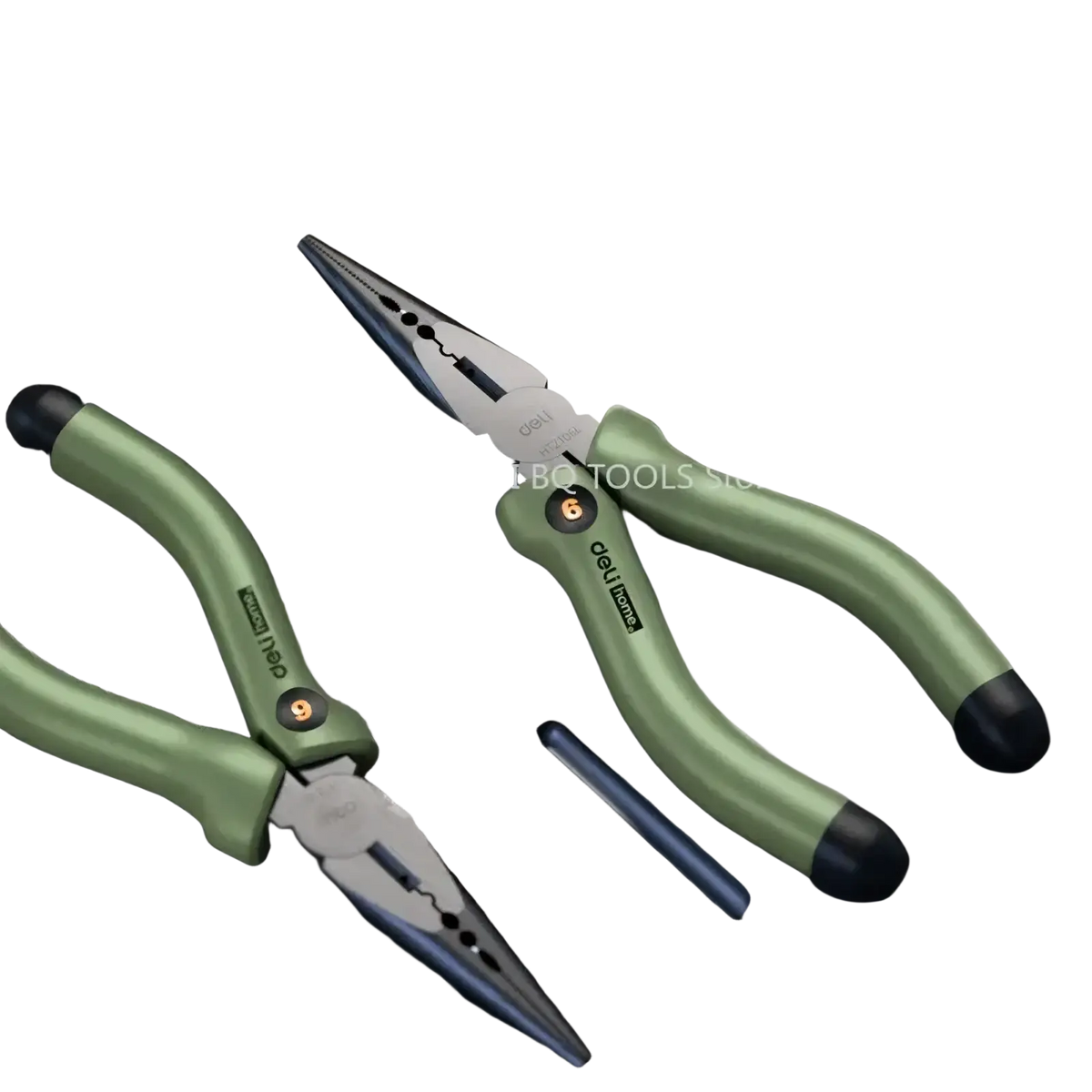 Green-handled deli multitool hand repair needle-nose pliers with black-tipped jaws and metallic cutting edge